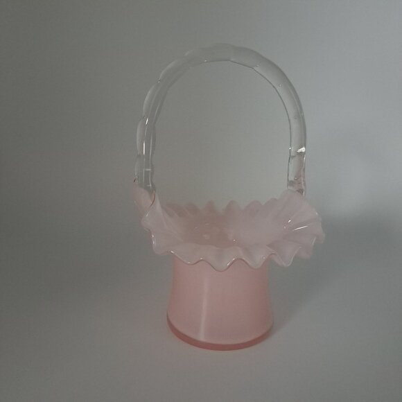 Fenton Overlay Pink Handled Glass Basket With Ruffled Edge - Picture 2 of 16